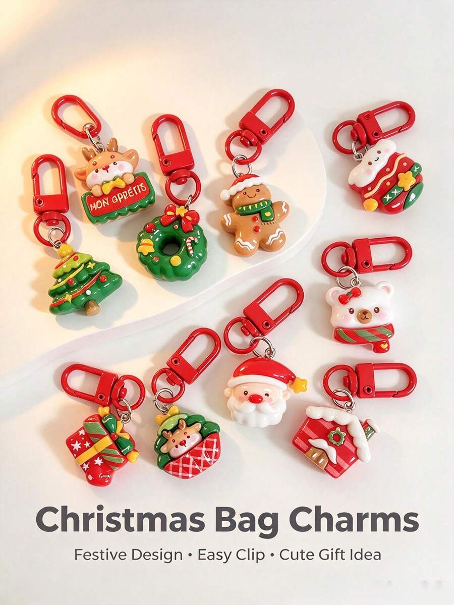 10pcs/20PCS Red Resin Cartoon Christmas Home Keychain – Cute Santa Claus Backpack Charm/Accessory – Gift For Best Friends - Multicolor - View 1