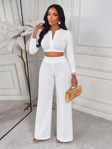 AIJ Women's Knitted Textured Single-Breasted Short Long Sleeve Top And Pants Set, White 2 Pieces Set, Suitable For Elegant Casual Daily Commute, Outings, Dates, Streetwear, Autumn/Winter Warm Clothing, Christmas Women's Outfit - Milky White - View 1