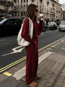 MEECY Women's Solid Color High Neck Drop Shoulder Long Sleeve Sweater And Pants Casual Set - Burgundy - View 3