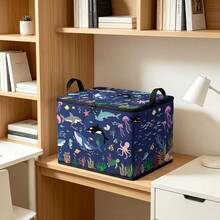 1PC Deep Sea Marine Creature Whale Shark Octopus Print Storage Box With Handles, Extra Large Capacity Foldable Organizer Bin For Closet Clothes Toys Sundries Storage, Space Saving Collapsible Container, Durable Multipurpose Home Decor - Navy Blue - View 6