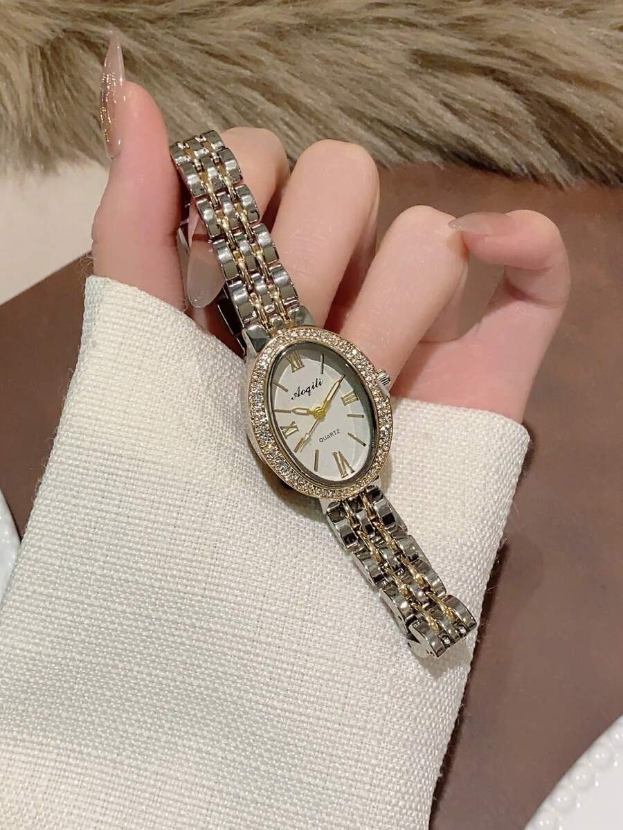 1件女款雙色金銀色手錶,橢圓錶盤,水鑽錶圈,優雅混色時標,適合日常配戴、派對與送禮 - 銀間金 - 查看 1