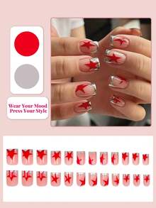 24pcs Short Square Press-On Nails, French Silver Edge With Red Star Pattern, Suitable For Hot Girls And Career Women, Perfect For Parties, Dates And Daily Wear, Spring/Summer - Multicolor - View 2