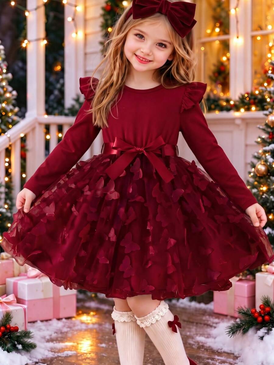 Young Girls' Christmas Ruffle Trim Long Sleeve Patchwork 3D Butterfly Mesh Dress With Belt - Burgundy - View 1