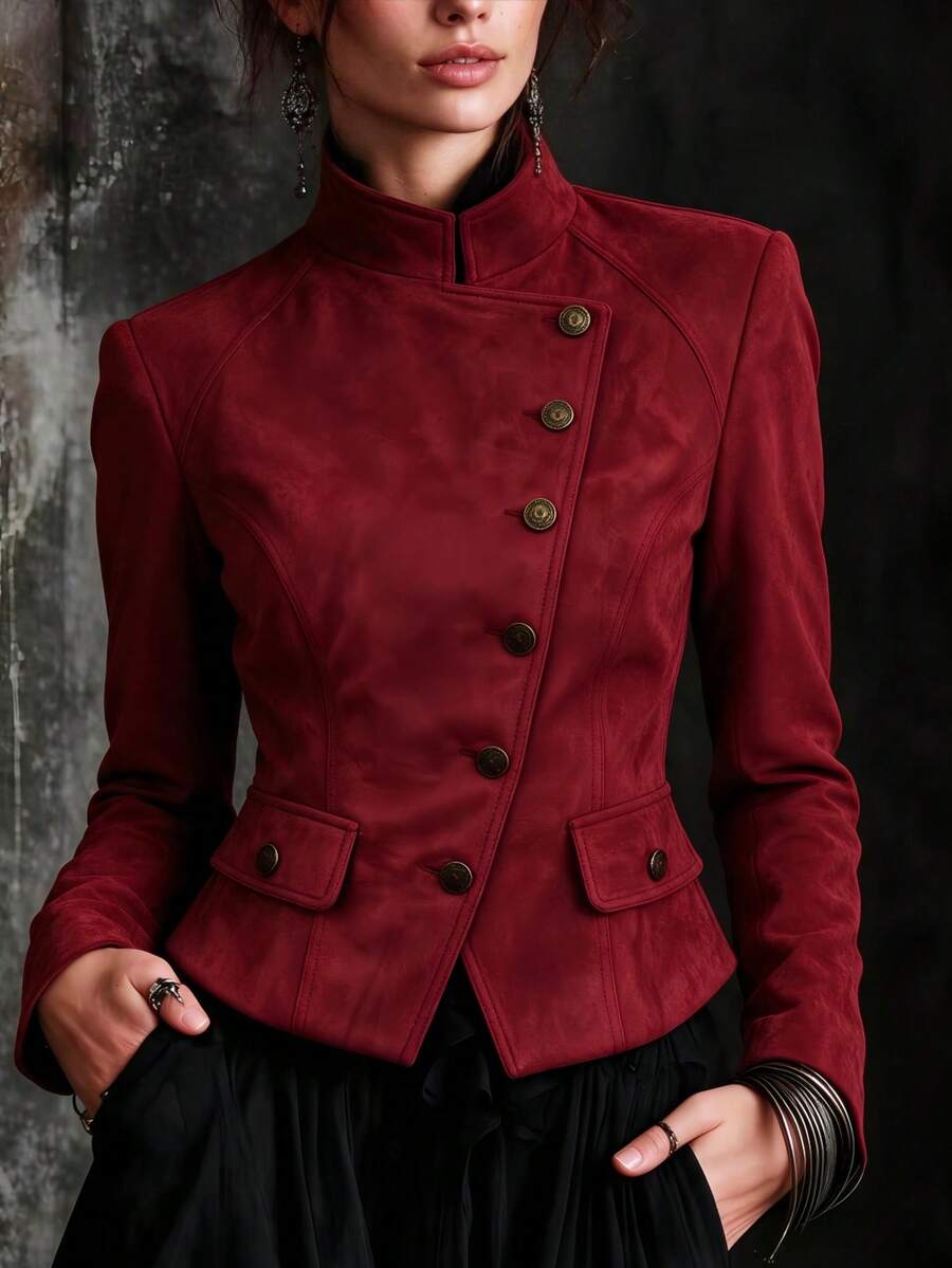 New Autumn Burgundy Stand Collar Asymmetrical Button Waist-Cinching Short Jacket, 1pc Elegant Vintage Button Pocket Decor Long Sleeve Motorcycle Jacket, Smooth Velvet Fabric Fitted Cut Mature Style Rider Top, Suitable For Party, Gathering, Daily Outing - Red - View 1