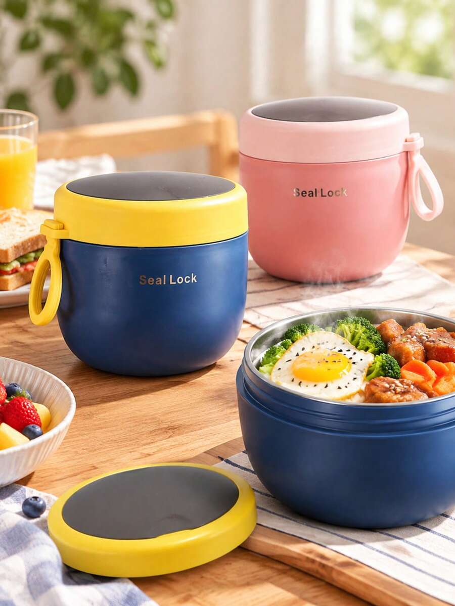 1pc 20.29oz Insulated Plastic Bento Box, Leak-Proof Food Storage Container With Reusable Spoon, Temperature Control And Freshness, Suitable For Meal Prep, Breakfast To Go, Office Lunch, Fitness Nutrition Meals, Overnight Oats, Leak-Proof Lunch Box - Multicolor - View 1
