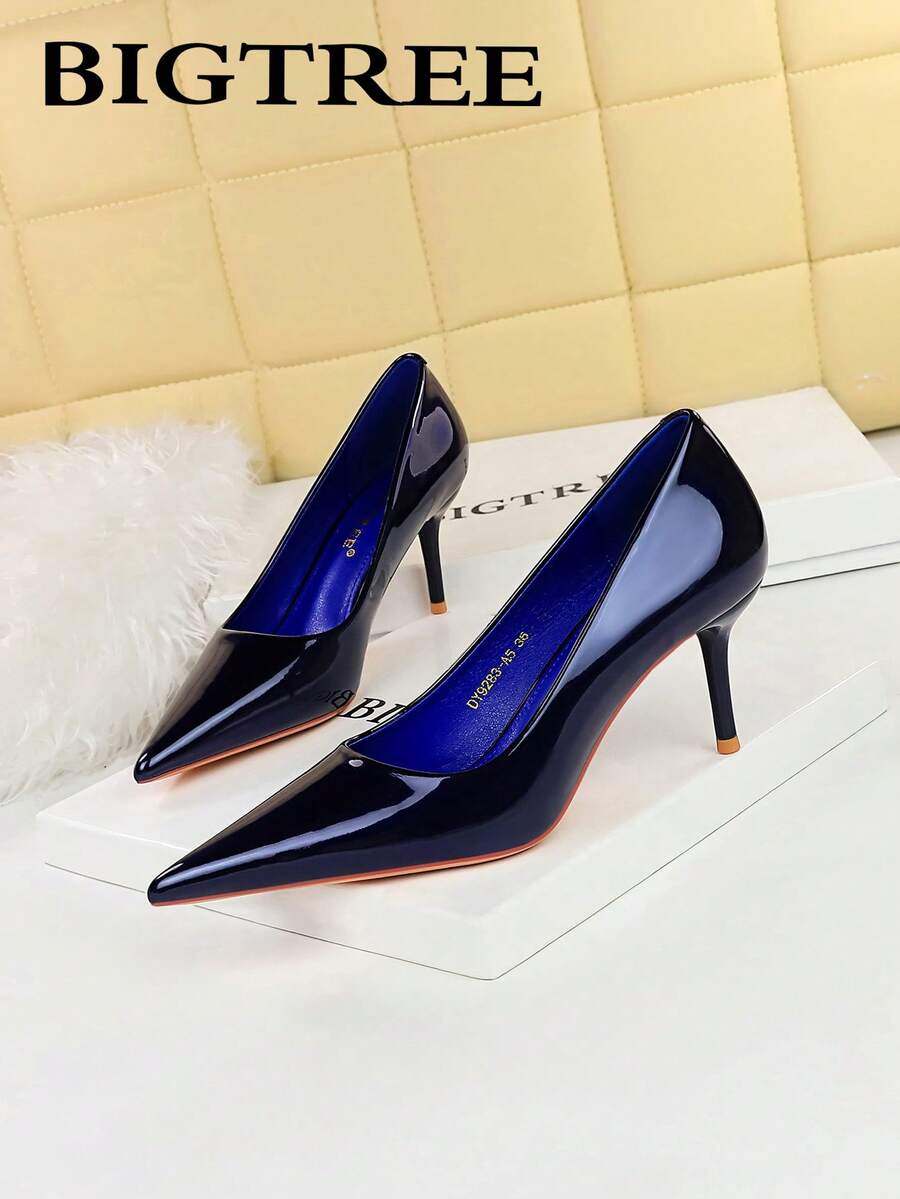 BIGTREE 9283-A5 Simple Patent Leather High Heels For Women, Classic Pointed Toe Design, Perfect For Work,Elegant,Party,Stilettos Heels - Blue - View 1