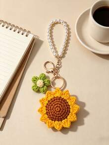 1pc Handmade Crochet Sunflower Pearl Keychain, Yarn Knitted Flower Pendant Bag Charm Small Gift - Multicolor - View 5