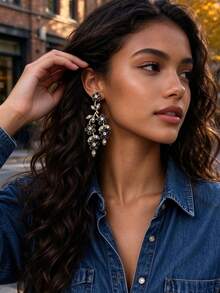 Crystal Floral Vine Dangle Earrings Rhinestone Branch Drop Vintage Jewelry - Leaf Rhinestone Earrings - View 9