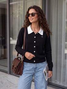 Preppy Black And White Colorblock Knit Cardigan, White Collar Button-Front Slim Fit Long Sleeve Cropped Sweater Jacket - Black - View 6