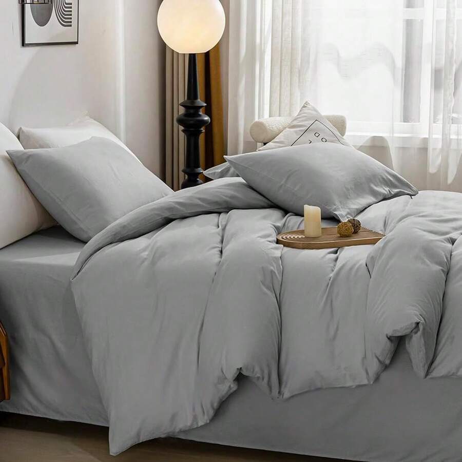 2/3 Pieces Solid Color Duvet Cover Set (1/2 Pieces Pillowcase, 1 Duvet Cover, Coreless) Light Grey & Black Polyester Bedding Set, Soft, Comfortable, Zip Closure, 4 Seasons Use, Suitable For Bedroom Rooms & Hotels - Light Grey - View 1