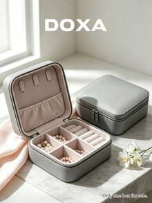 DOXA 便攜旅行珠寶收納盒，拉鍊式戒指耳環項鍊收納盒，女士小型精巧珠寶收納盒 - 灰色 - 查看 1