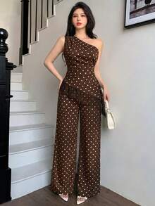abyoxi Women's Brown & White Polka Dot Sleeveless One-Shoulder Top & Wide Leg Pants 2-Piece Set, Sexy & Elegant, Suitable For Office Commute, Daily Outings, Formal Dinner, Date, Party, Wedding, Valentine's Day, Etc., Fitted Top & Long Pants Summer Outfit - Brown - View 1