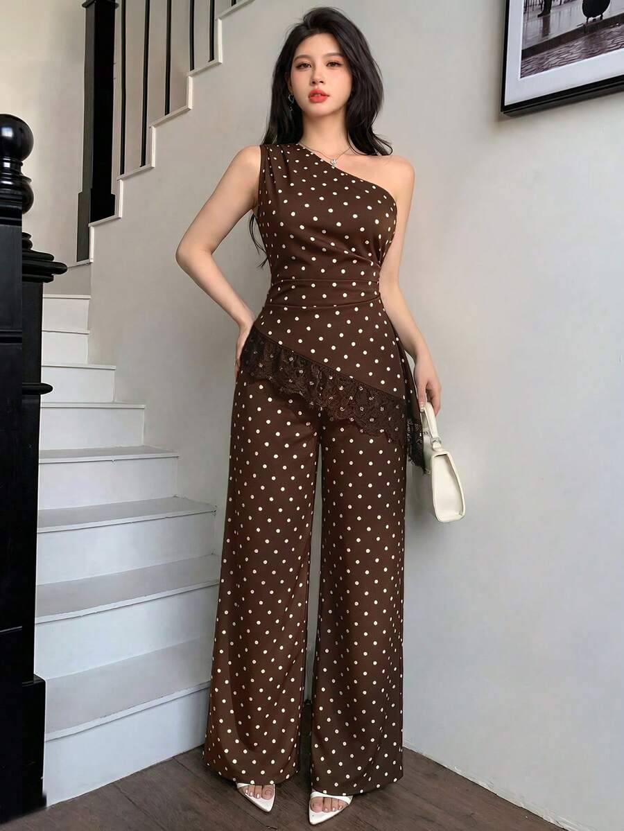 abyoxi Women's Brown & White Polka Dot Sleeveless One-Shoulder Top & Wide Leg Pants 2-Piece Set, Sexy & Elegant, Suitable For Office Commute, Daily Outings, Formal Dinner, Date, Party, Wedding, Valentine's Day, Etc., Fitted Top & Long Pants Summer Outfit - Brown - View 1