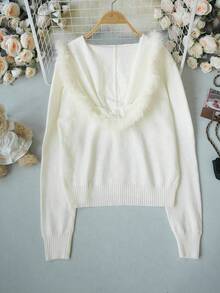 Women's Winter White Fur Collar Embroidered Hooded Knit Cardigan Jacket, Loose Fit Single-Breasted Embroidered Open Front Sweater Top - Milky White - View 6
