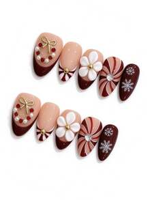 10PCS Handmade Christmas Press On Nails Short Almond Fake Nails ...