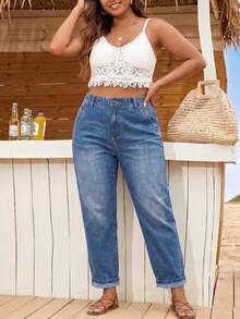 Jeans Mom de Denim Lavado Talla Grande, Longitud Corta con Bolsillos y Cremallera, Adecuados para Uso Diario, Modernos y Versátiles - Azul - Ver 7
