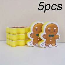 Christmas Holiday Cleaning Sponge Scrubber, Suitable For Kitchen, Restaurant, Hotel Bathroom, Hygienic Cleaning, Dish Cloth, Durable, Welcome The Warm Christmas - 5 Gingerbread Men - View 2