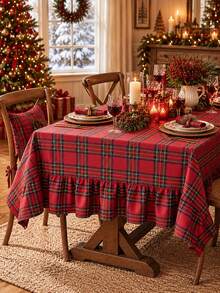 Roman Style Christmas Plaid Ruffle Edge Rectangular Tablecloth, Red Tartan Plaid Christmas Tablecloth, Merry Christmas Holiday Dining Table Decor, Farmhouse Style Christmas Decoration, Winter Holiday Party, Christmas Dinner, Holiday Home Decor - Christmas Red Plaid - View 1