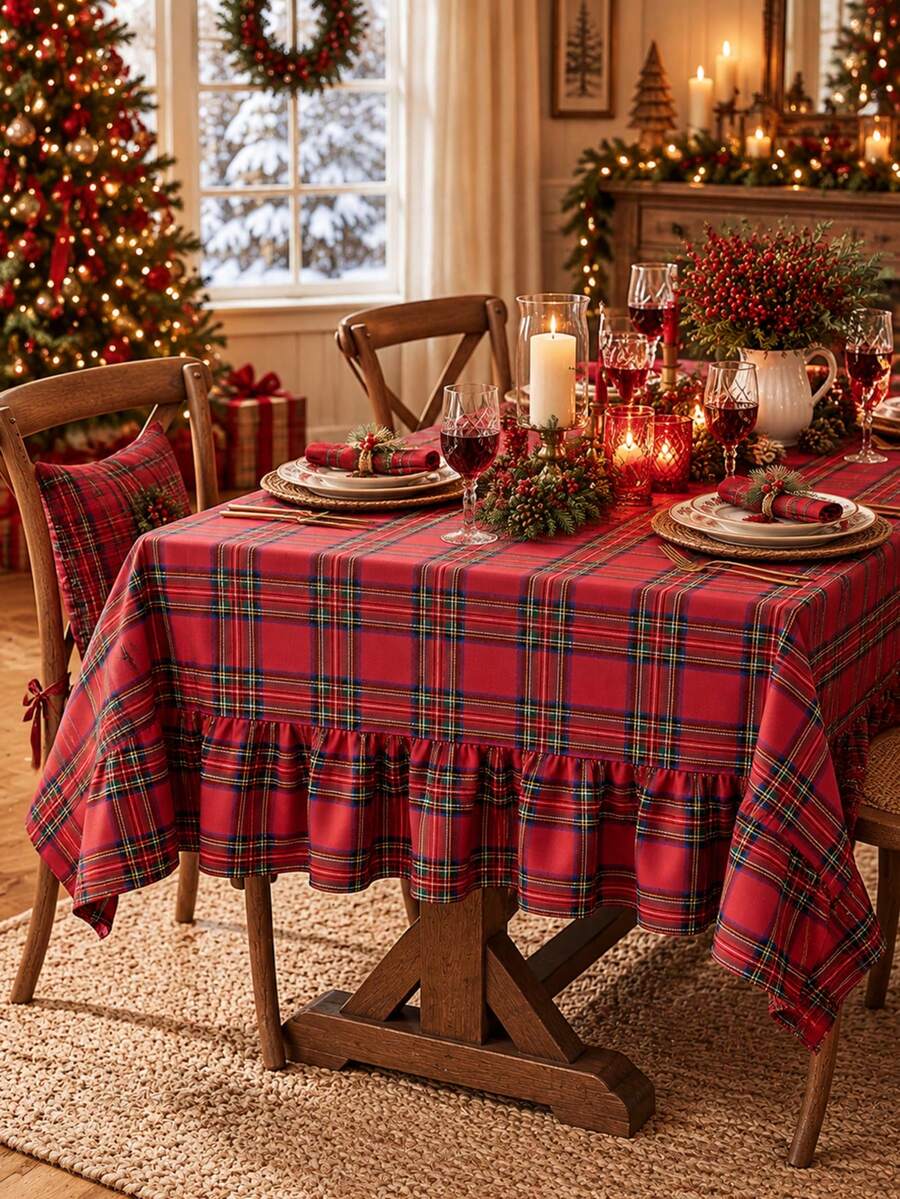 Roman Style Christmas Plaid Ruffle Edge Rectangular Tablecloth, Red Tartan Plaid Christmas Tablecloth, Merry Christmas Holiday Dining Table Decor, Farmhouse Style Christmas Decoration, Winter Holiday Party, Christmas Dinner, Holiday Home Decor - Christmas Red Plaid - View 1