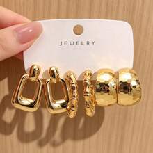6pcs/18pcs Women's Large Gold Earring Set, Includes Various Styles Of CCB Resin Earrings: Hollow Square, Wavy, Floral Pattern, Heart Hoop And Teardrop. These Earrings Are Perfect For Daily Gatherings - Gold - View 7