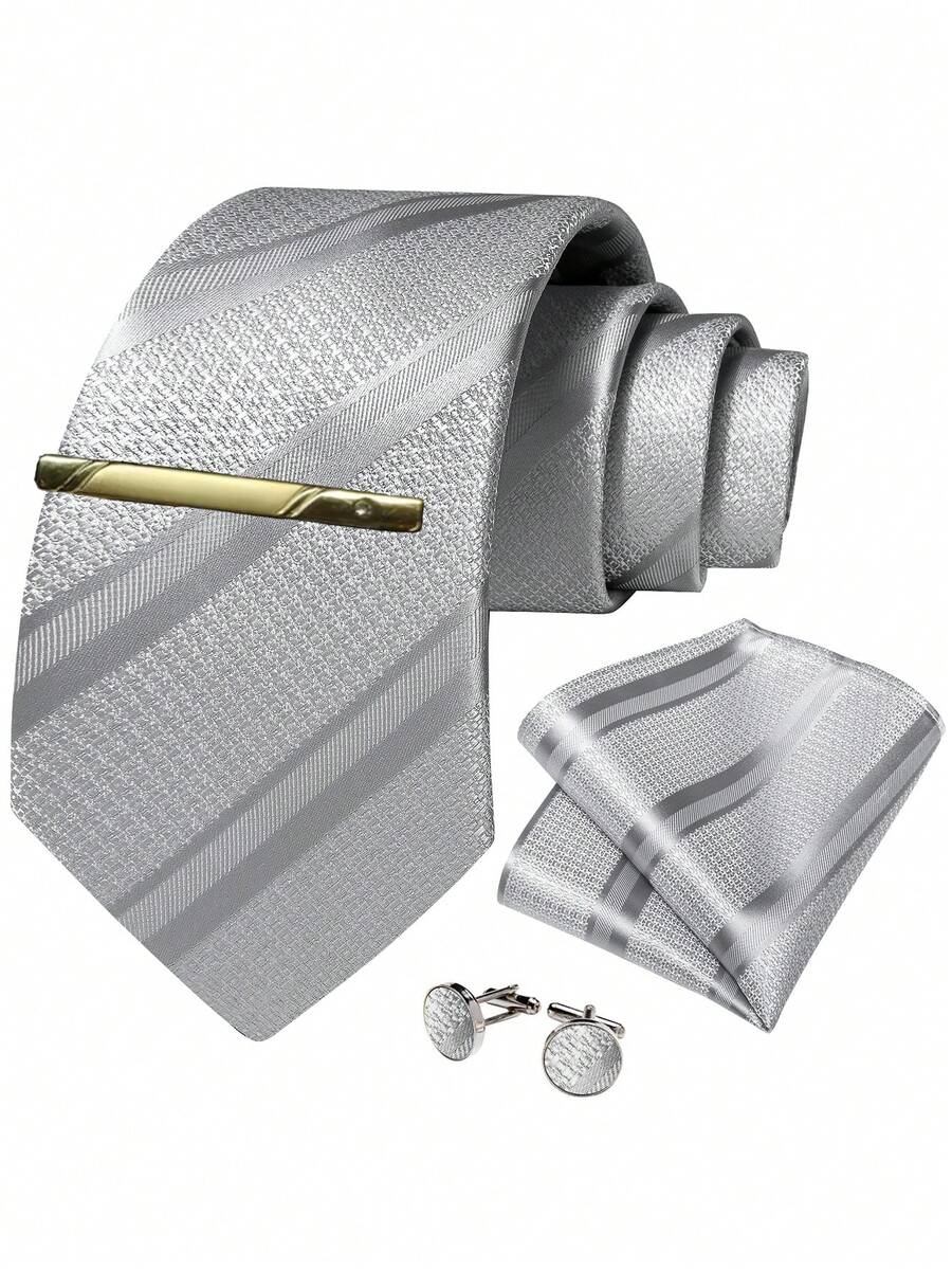 Silver Gray Wide Diagonal Striped Men's Tie 4-Piece Set, Business Formal Handkerchief, Cufflinks, Gold Tie Clip, Wedding Banquet Accessories - Silver - View 1