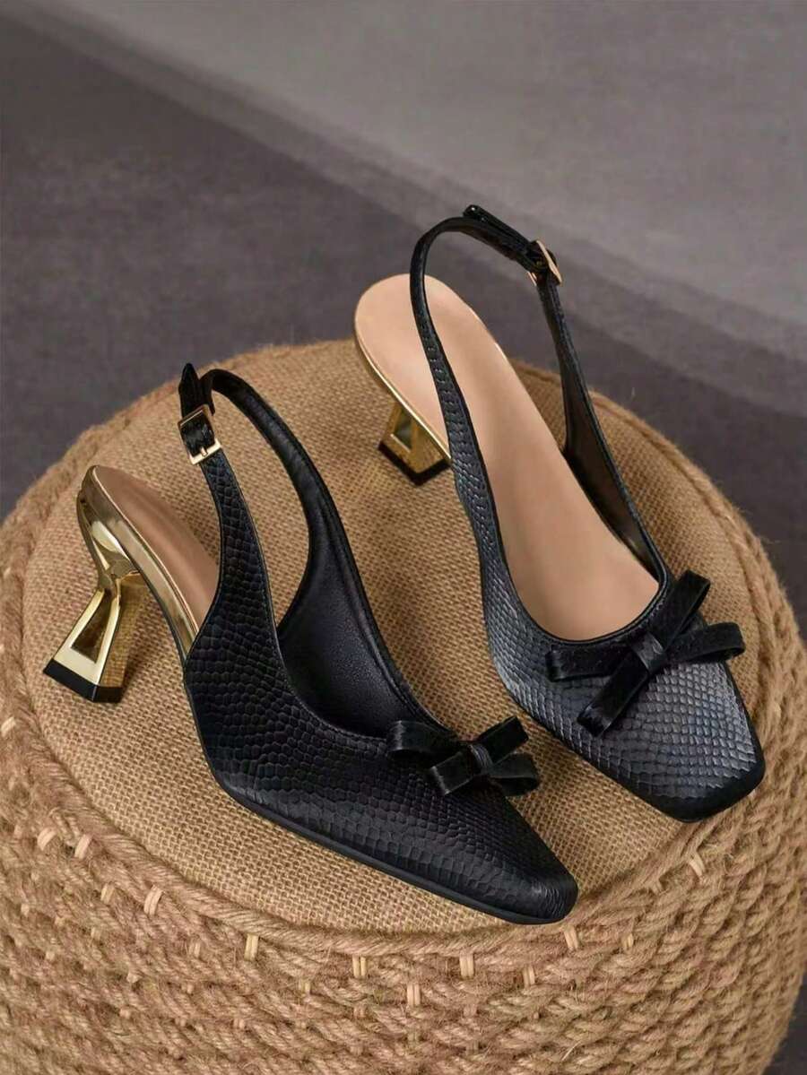 WHDXY Women's Black Textured Slingback Mule Shoes, 7cm Gold Asymmetric Chunky Heel, Bow Decor, Suitable For Commuting/Dating/Party - Black - View 1