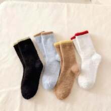 4 Pairs Women's Thickened Mink Fur Colorblock Fuzzy Socks, Non-Shedding, Warm Home Sleeping Floor Socks For Autumn/Winter - Multicolor - View 7