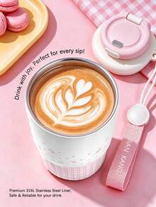 MINISO 保溫咖啡杯，多色可選，附蓋子與掛繩，適用於飲品與果汁，冬季必備，適合生日禮物，容量 368ml - 黑色 - 查看 5