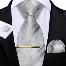 Silver Gray Wide Diagonal Striped Men's Tie 4-Piece Set, Business Formal Handkerchief, Cufflinks, Gold Tie Clip, Wedding Banquet Accessories - Silver - View 2