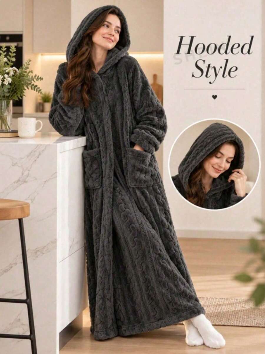 Women's Hooded Long Plush Robe, Cable Knit Comfortable Home Robe With ...