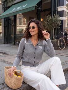Lazy Soft Women's Contrast Color Lapel Knit Sweater Autumn/Winter Short Cardigan Design Top With Floral Buttons, Bow And Bow Decoration - Grey - View 4