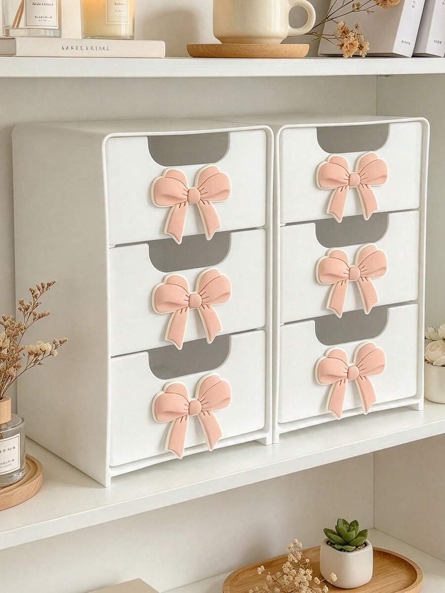 Mini Desktop Drawer Storage Box With Bow Decoration, Plastic Multi-Layer Jewelry & Cosmetics Organizer, Non-Electric Desktop Storage, Suitable For Vanity, Bedroom, Office, Desktop Accessories, Office Supplies, Ideal For Storing Daily Items, Perfect For Home Vanity, Birthday Gift, Holiday Souvenir, Back To School Season Gift