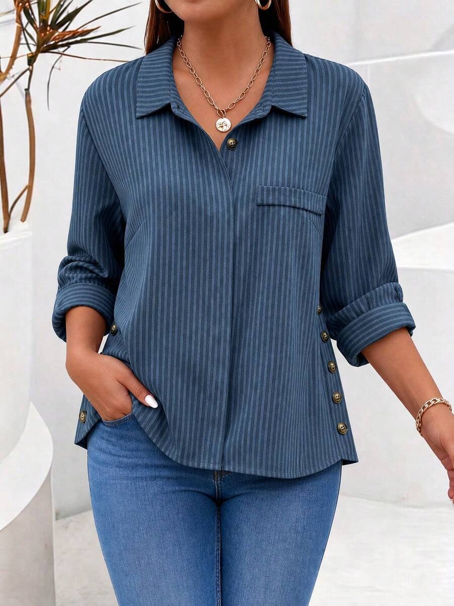 Women's Plus Size Long Sleeve Collared Shirt, Button Decor Top With Side Pockets - Blue - View 1