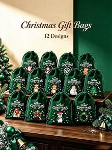 6/12pcs Christmas Velvet Drawstring Bags, Christmas Burlap Drawstring Bags, Christmas Gift Bags, Christmas Burlap Bags, Christmas Party Gift Bags, Velvet Drawstring Jewelry Storage Bags, Gift Packaging Storage Bags, Christmas - Green - View 1