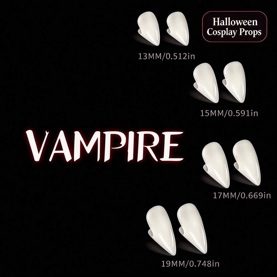 1 Pair Vampire Fangs Fake Teeth Set, 13mm/15mm/17mm/19mm White Resin Vampire Dentures, Random Style, Halloween Cosplay Costume Props For Masquerade Party, Zombie Devil Dress Up Accessories(Without Gutar)