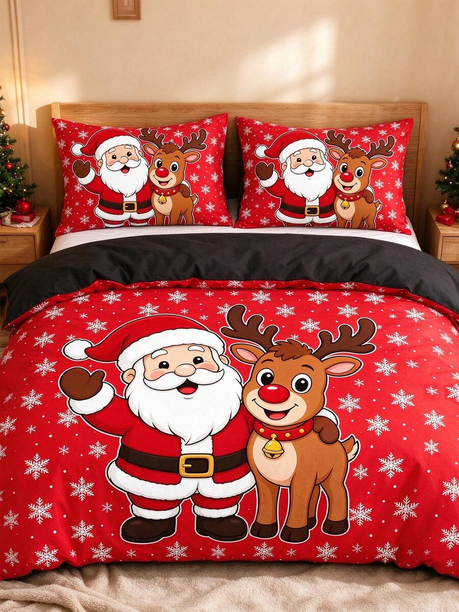 3PCS Santa Claus And Reindeer Pattern Duvet Cover Set (1 Duvet Cover + 2 Pillowcases (Random Pattern), Duvet/Pillow Inserts Not Included), Soft Polyester Fiber All-Season Washable Bedding Set, Available Sizes: King, Queen, Full, Twin. Suitable For Bedroom, Guest Room, School Dorm, All-Season, Christmas Gift For Parents And Friends - Multicolor - View 1