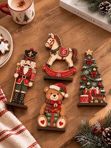 4/1pc Christmas Wooden Figure Ornament Set, Vintage Style Holiday Desktop Decoration, Includes Christmas Soldier, Bear, Rocking Horse And Christmas Tree Shapes, Suitable For Home Fireplace, Windowsill, Desk, Display Cabinet - Multiple Styles - View 3