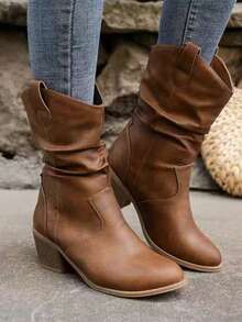 Ruched Women's Ankle Boots, Western Style High Heel Boots, Chunky Heel, Versatile - Camel - View 7