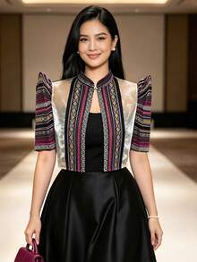 Modern Filipiniana Top 1pc Butterfly Sleeves Filipiniana Patchwork Button Patchwork Collar Women Short Sleeve Cardigan Blouse - Hot Pink - View 2