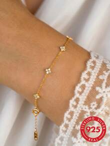 ELSEDES 1pc Fashionable S925 Sterling Silver Four-leaf Clover Shaped Simple Yet Elegant Style Bracelet For Women's Daily Wear And Party Wear - Gold - View 1