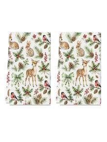 2pcs Christmas Winter Watercolor Forest Animal Kitchen Towels, Country Style Deer Rabbit Robin Pine Cone Holly Pattern, Suitable For Bathroom Home Decor - Multicolor - View 8