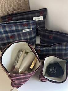MEYOU FAIRY AGG ,Retro Checkered Cherry Embroidery Pattern Makeup Bag, Convenient Handbag, Storage Bag, Toiletry Bag, Large Capacity Makeup Bag, Storage For Makeup Cloths, Essential Travel Bag, Lady's Sanitary Napkin Storage Bag, Student Pencil Case - Multicolor - View 2