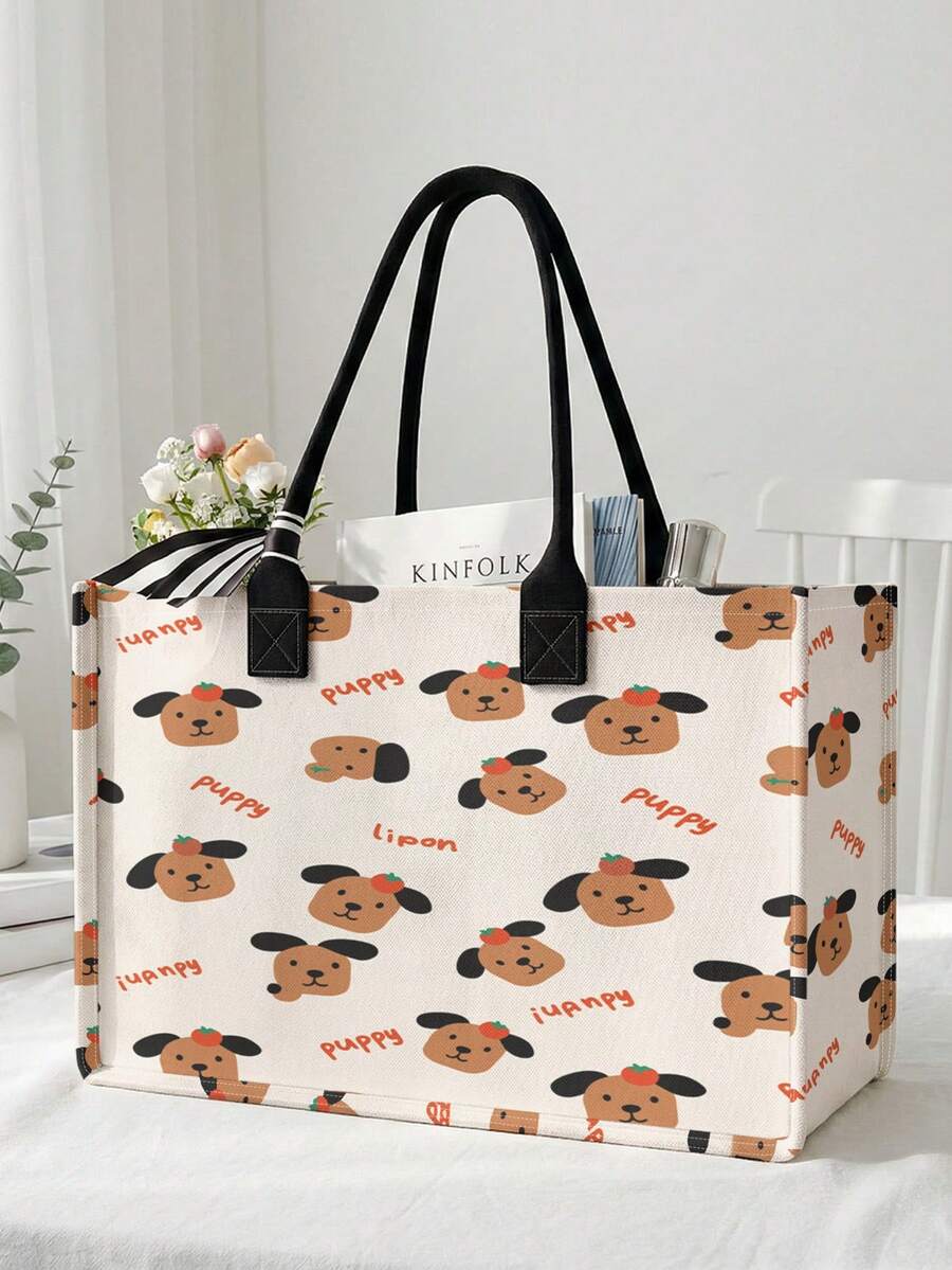 1pc Cute Cartoon Pattern Print Canvas Tote Bag, Open Top Large Capacity Reusable Portable Handbag For Shopping Work School Daily Travel - Multicolor - View 1