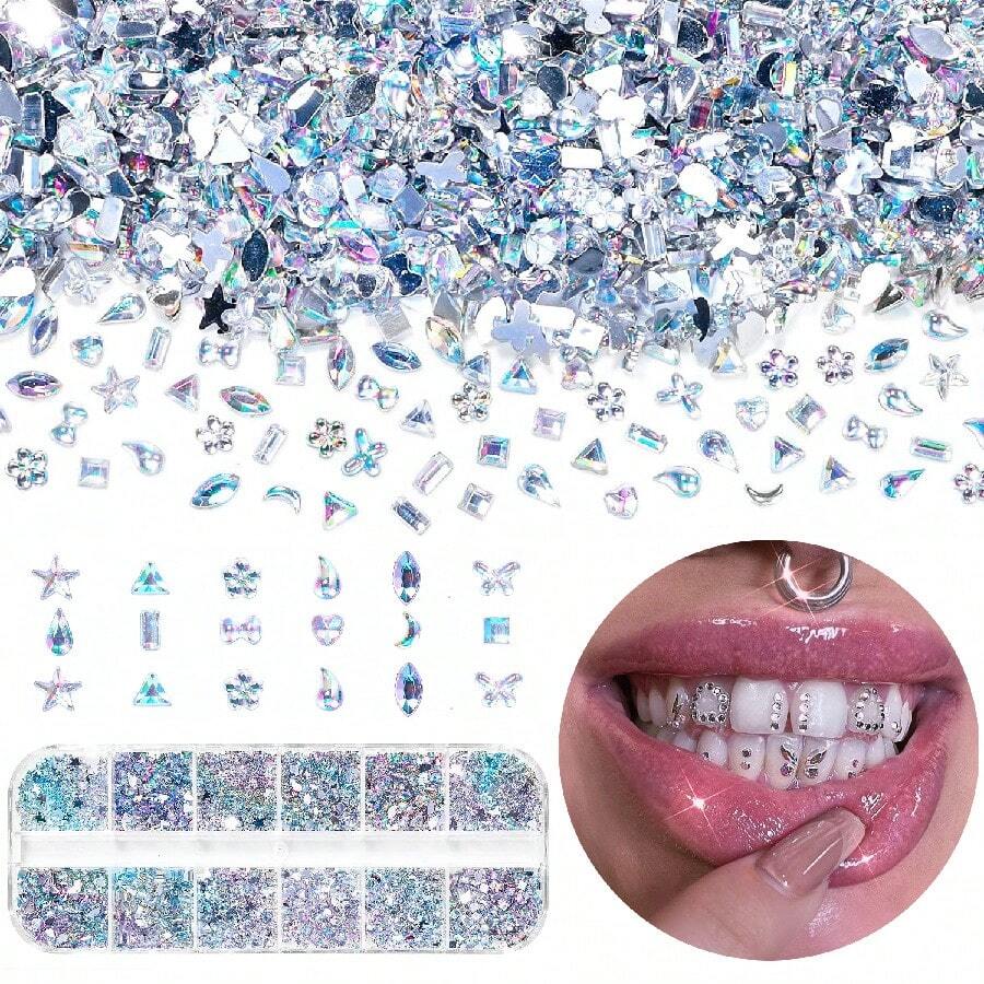45Pcs/1 Set Shiny Star Round Rhinestone Teeth Decor, Vintage Y2K Teeth Accessory Set, Asymmetrical Teeth Rhinestones Suitable For Daily, Party, Valentine's Day, Unisex (Glue Not Included) - 45-piece Multi-color Set - View 1