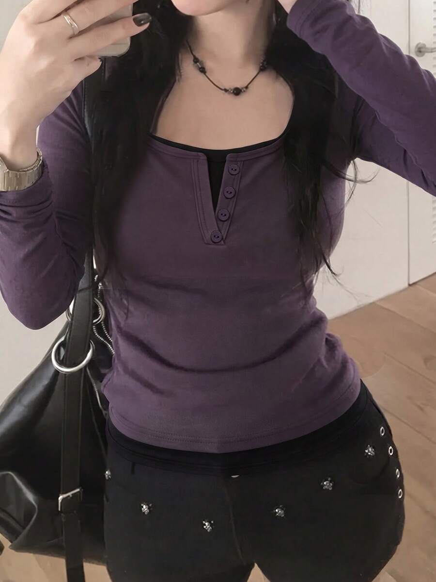 Women's Korean Style Button 2 In 1 Long Sleeve T-Shirt - Purple - View 1