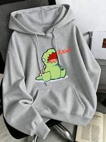 Women's Plus Size Casual Hoodie With Pockets And Cartoon Dinosaur Print, Street Style Autumn/Winter - Light Grey - View 1