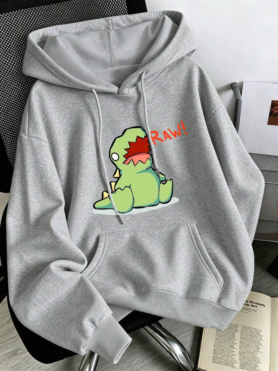 Women's Plus Size Casual Hoodie With Pockets And Cartoon Dinosaur Print, Street Style Autumn/Winter - Light Grey - View 1
