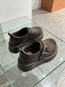 Women's Thick Sole Loafers With Metal Buckle And Hook & Loop Closure Casual Slip-On Shoes - Coffee Brown - View 3