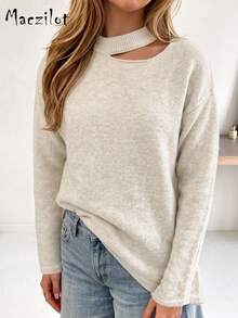 Curve Plus Size Solid Color Hollow Out High Neck Knit Top, Long Sleeve Asymmetric One Shoulder Pullover Sweater, Autumn Daily Commute Outfit - Khaki - View 2