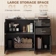 Sideboard, Modern Storage Cabinet With 2 Drawers, 3 And Adjustable Shelves, High Gloss Black - Black + Engineered Wood - View 3